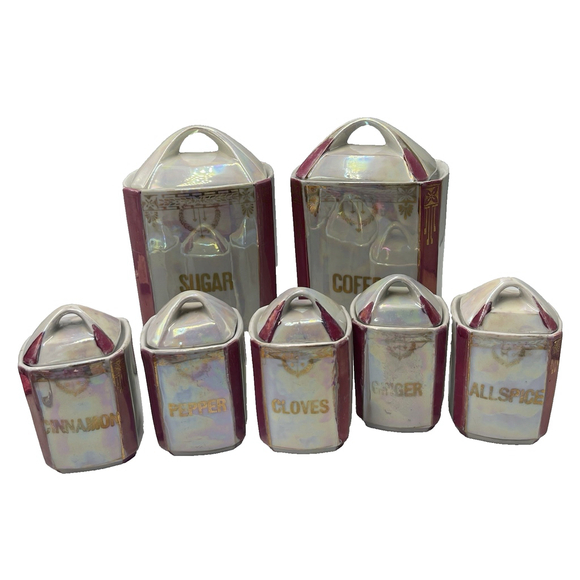 Lusterware 7 Piece VTG Set Signed Germany MCM Pink Gold Coffee Sugar Spices READ - Picture 1 of 13